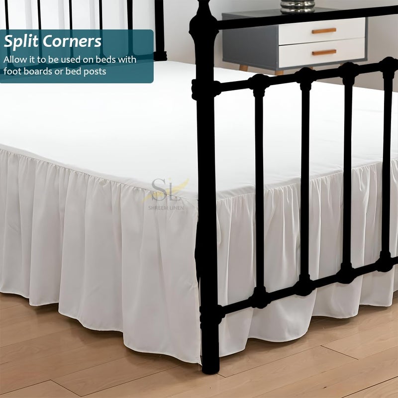 Shreem Linen تنورة سرير شريم من الكتان مع زوايا مقسومة، تصميم مجمع، 100% ميكروفايبر، انخفاض 18 بوصة، تنورة سرير غبار مع منصة، كينغ، أبيض - Image 2